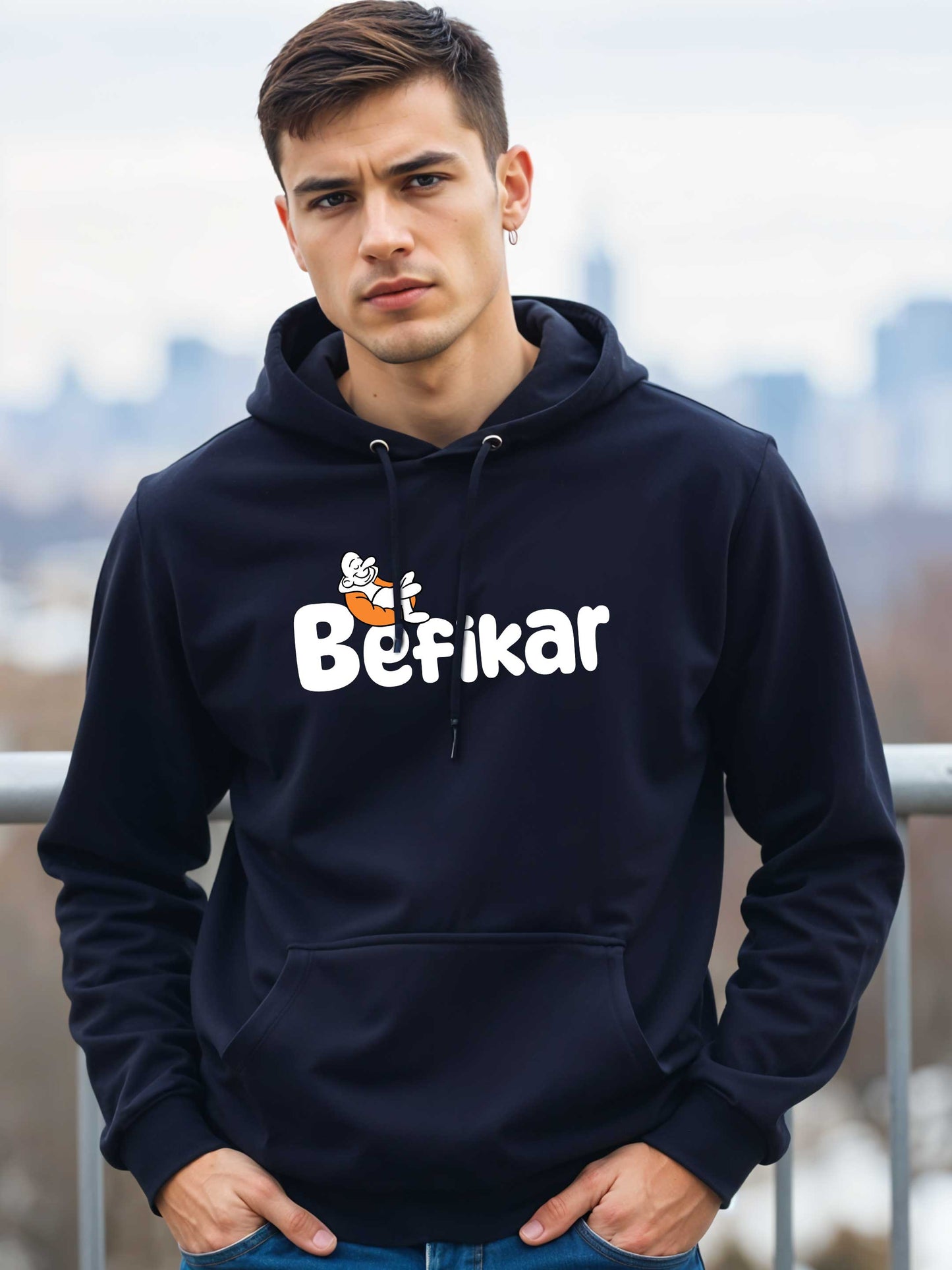 Befikar- Crokemon Classic Graphic Printed Navy Blue Hooded Sweatshirt